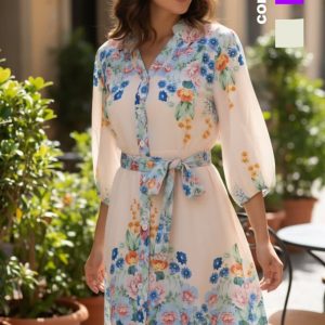 Vestido mangas medias con estampado florar y cinto de tela