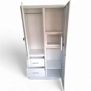 Armario moderno de 2 puertas con 2 cajones, estantes y riel para colgar, armario independiente, organizador de armario de almacenamiento de ropa (blanco)