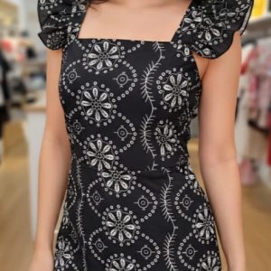 Vestido de noche con diseño de moda francesa, vestido de tirantes finos con manga aleteo y encaje recortado bordado para mujer