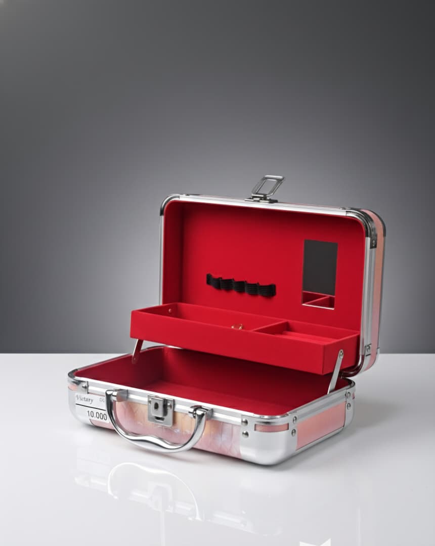 Estuche de maquillaje/ joyero de aluminio con un interior rojo forrado de terciopelo o tela sintética.