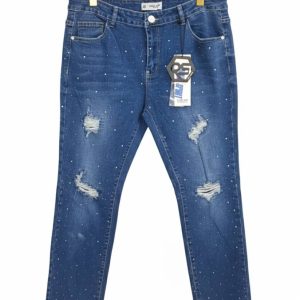 Jeans de mezclilla azul con detalles desgastados y adornos de diamantes de imitación