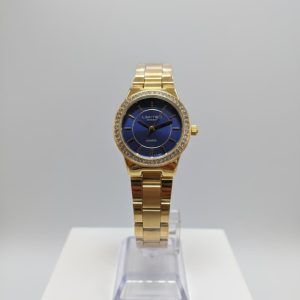 Reloj de pulsera para mujer de la marca Limited con correa dorada y esfera azul.
