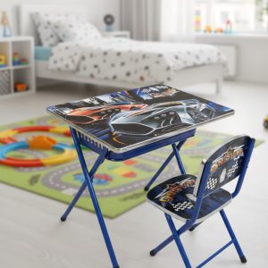 Juego de mesa y silla plegable infantil azul con temática "Junior Racers"