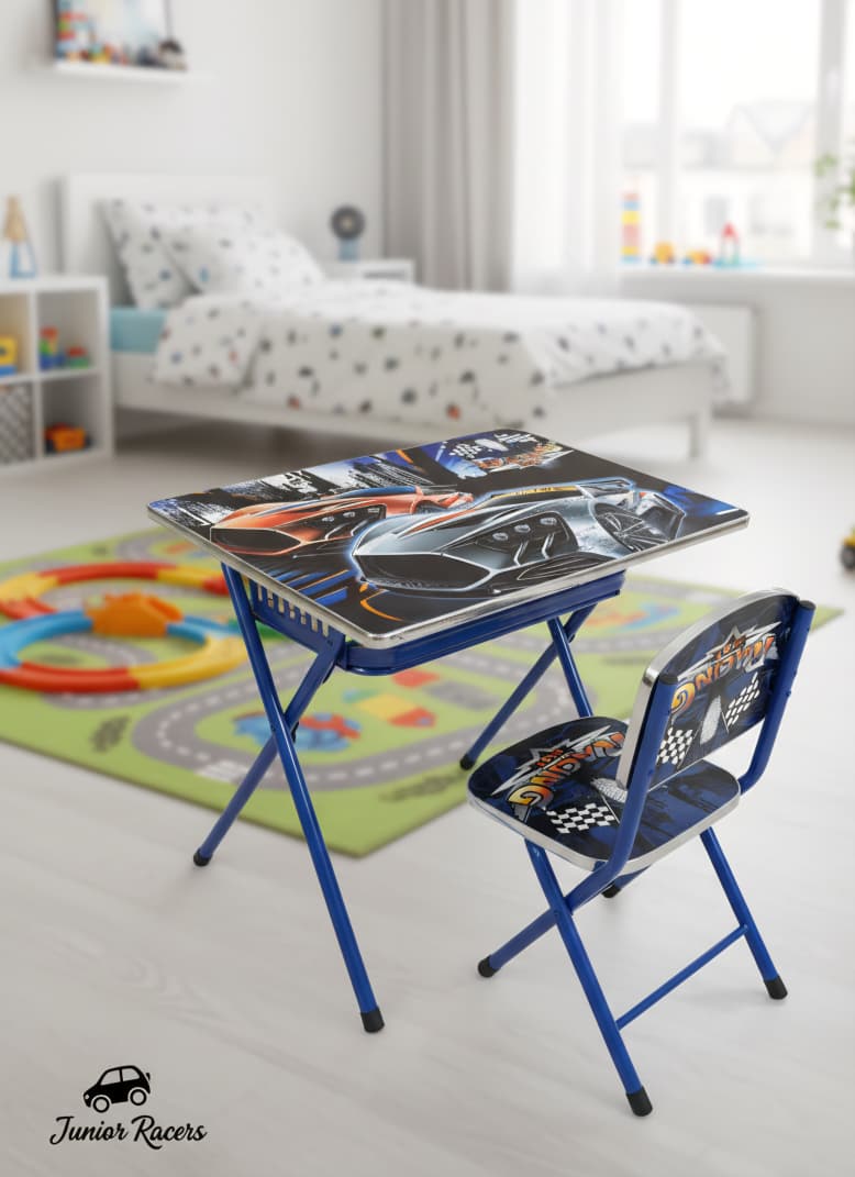 Juego de mesa y silla plegable infantil azul con temática "Junior Racers"