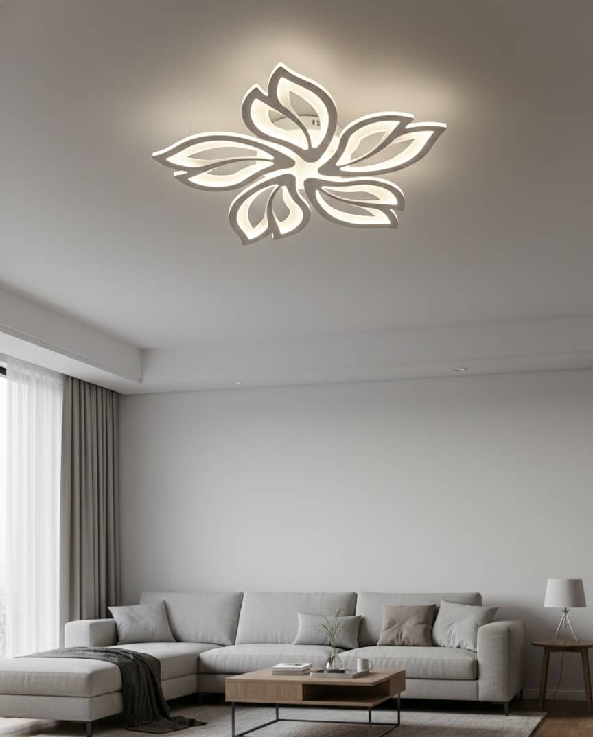 Lámpara de techo LED moderna con forma de flor, posiblemente un modelo de Garwarm, hecha de acrílico y metal.