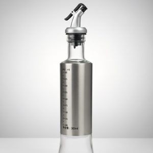 Botella dispensadora de aceite de vidrio y acero inoxidable.