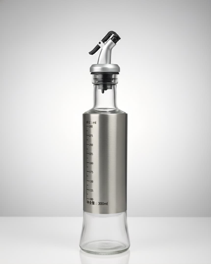 Botella dispensadora de aceite de vidrio y acero inoxidable.