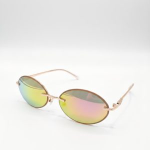 Gafas de sol ovaladas sin montura con lentes degradadas de color rosa/amarillo y un marco de metal dorado.