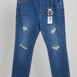 Jeans de mezclilla ajustados de pierna recta para mujer, con detalles de pedrería y rotos