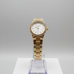 Reloj de pulsera analógico de mujer de color dorado con bisel de cristal.